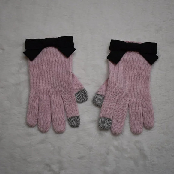 Kate Spade NY O/S Pink Bow Tech Knit Winter Gloves Mittens Grosgrain Wool Blend - Picture 1 of 8